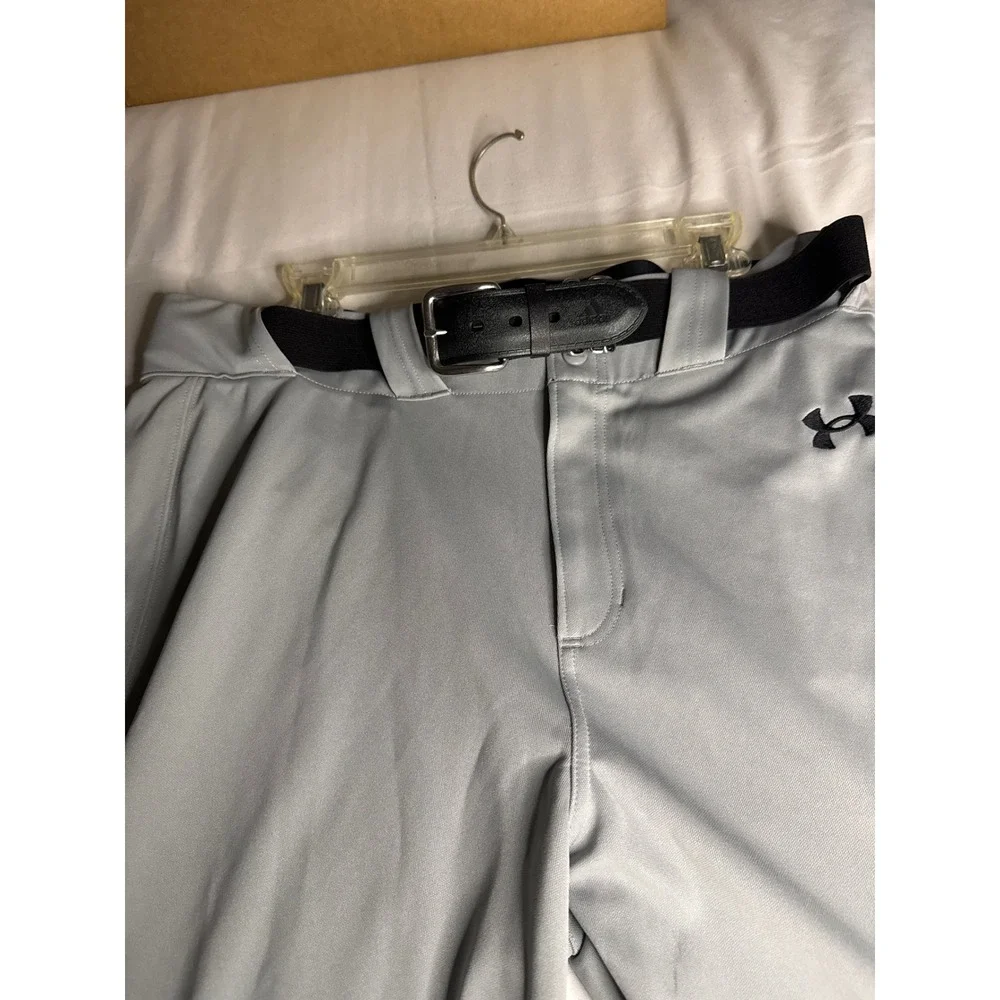 Under Armour Mens Gray Baseball Pants XL with Adidas Belt Tapered Elastic Cuff